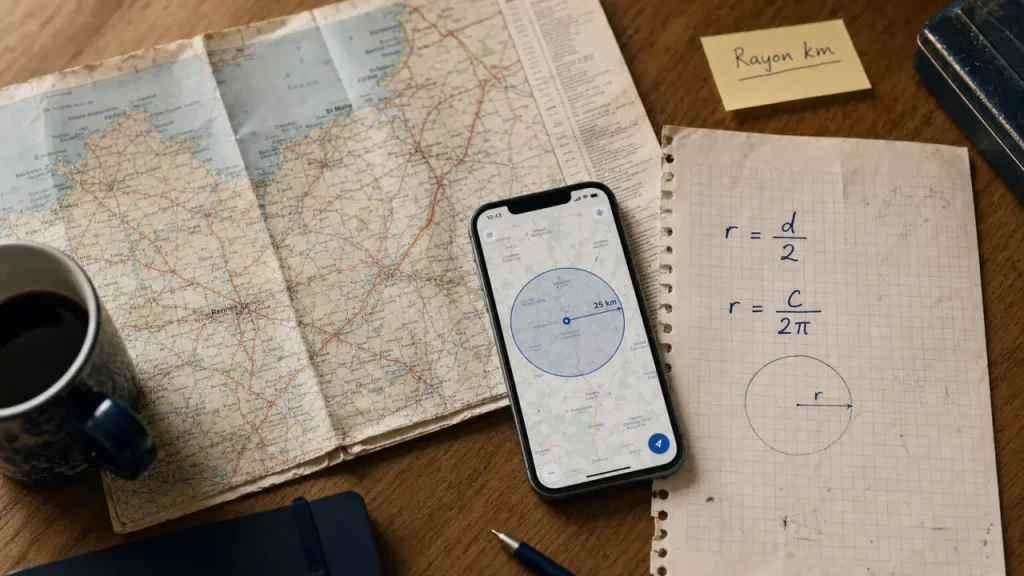 Calcul rayon : rayon cercle ou carte routière (r=d/2, r=C/2π).
