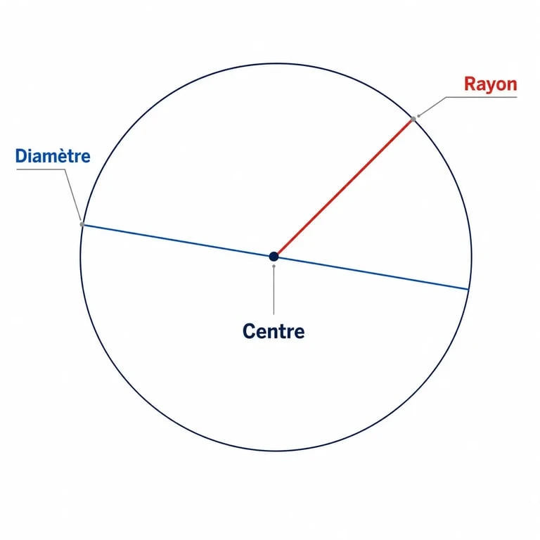 Schéma explicatif des éléments d'un disque pour le calcul de sa surface : rayon, diamètre et aire.