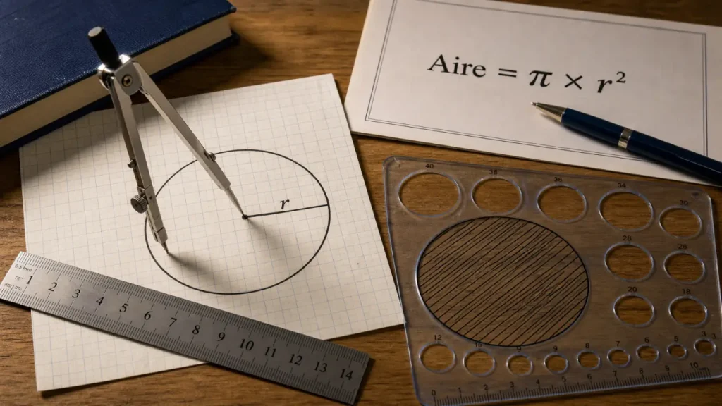 Surface disque : formule A = pi r², rayon tracé au compas