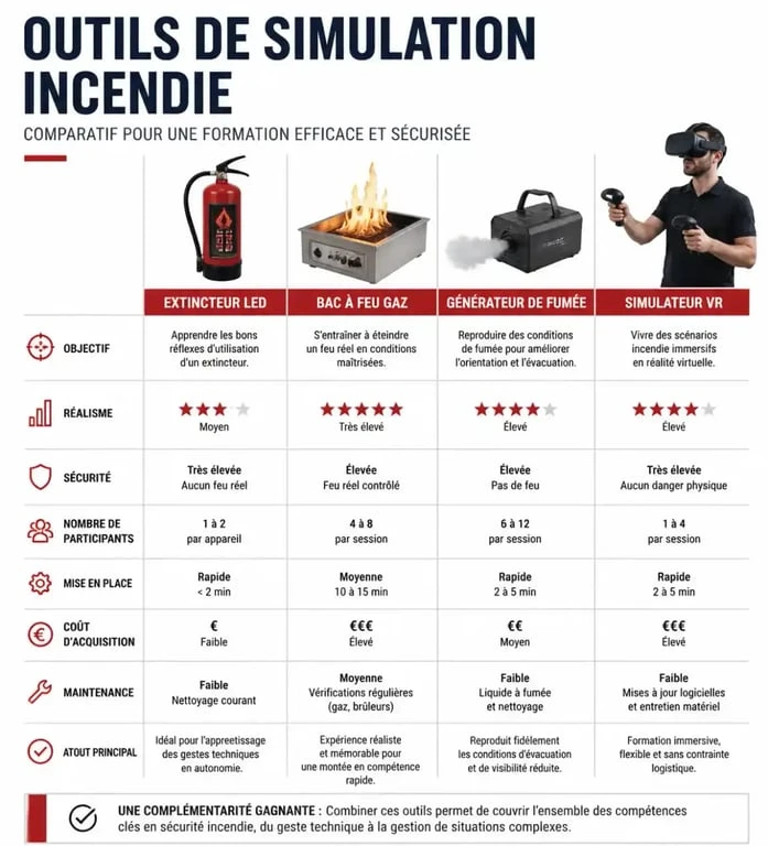 Tableau comparatif des outils pédagogiques de simulation incendie : extincteur LED, bac à feu, fumée et VR.