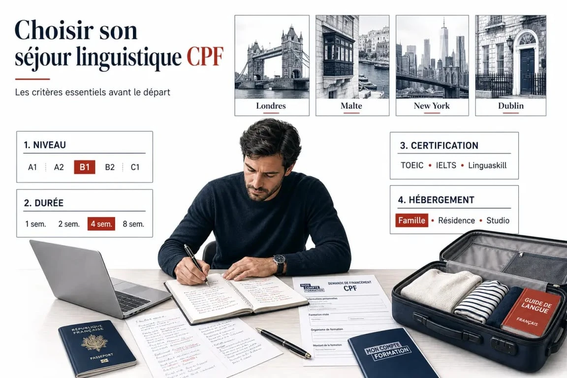 Séjour linguistique CPF : comparaison visuelle des destinations et des critères clés
