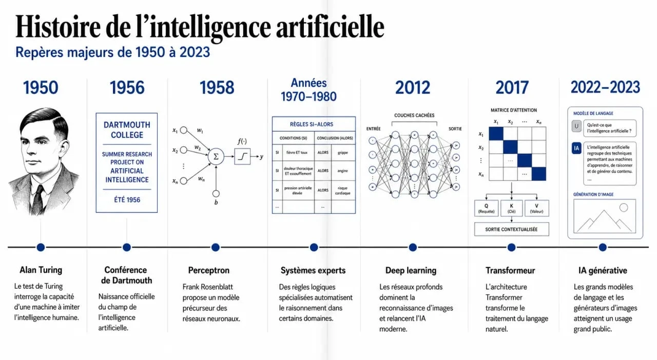 Intelligence artificielle histoire : frise chronologique des grandes étapes de Turing à ChatGPT