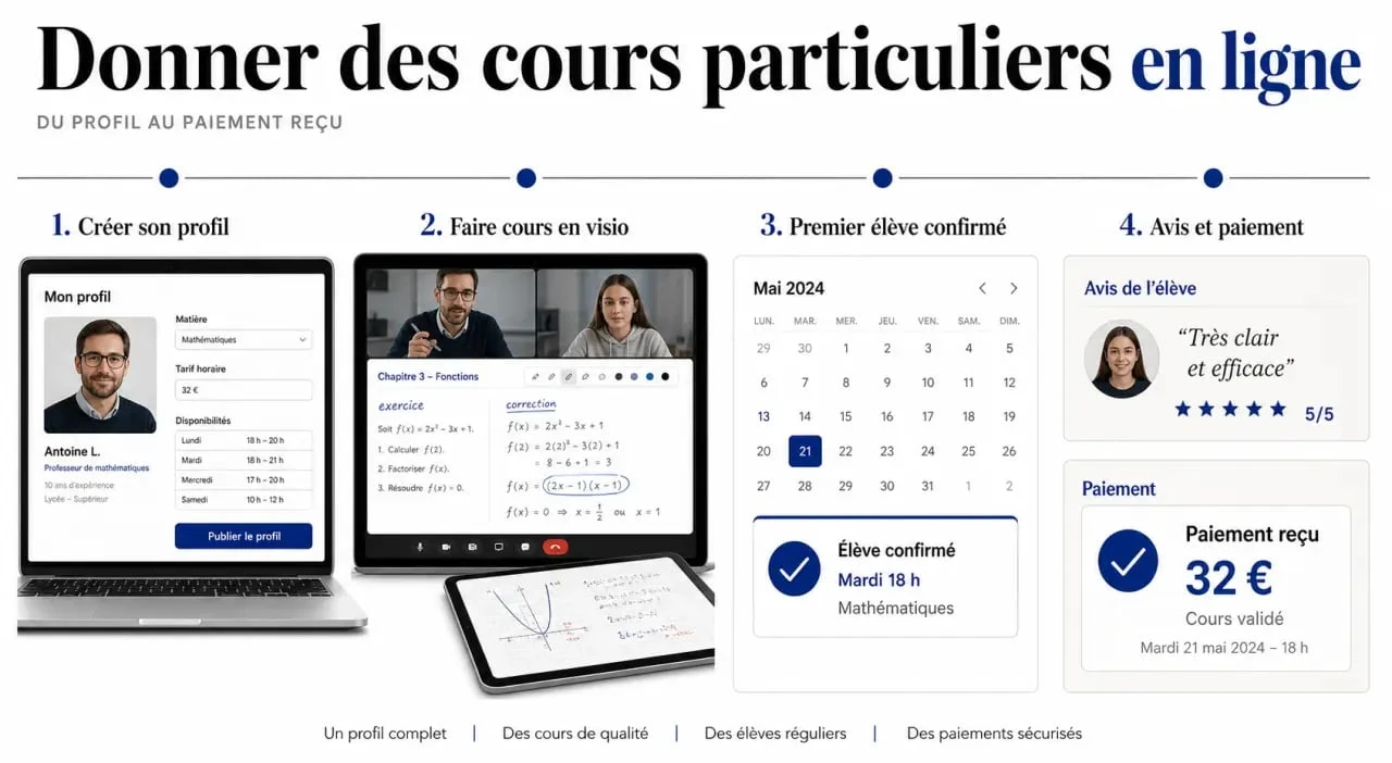 Donner des cours particuliers en ligne : parcours de création de profil, visio, premier élève et paiement