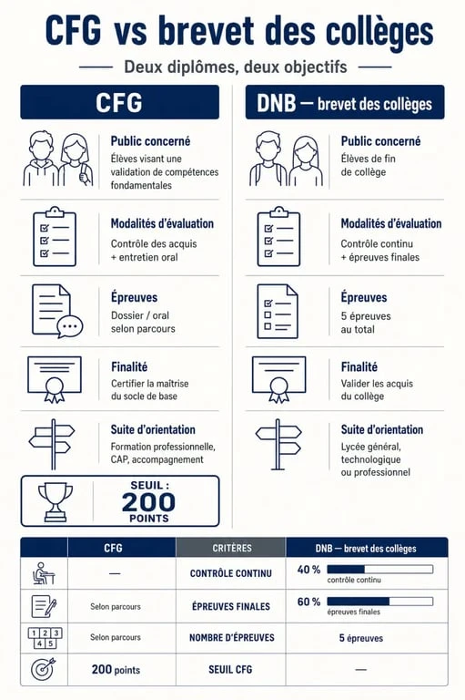 Différence CFG et brevet des collèges : comparaison visuelle des deux diplômes, de leurs épreuves et de leur finalité