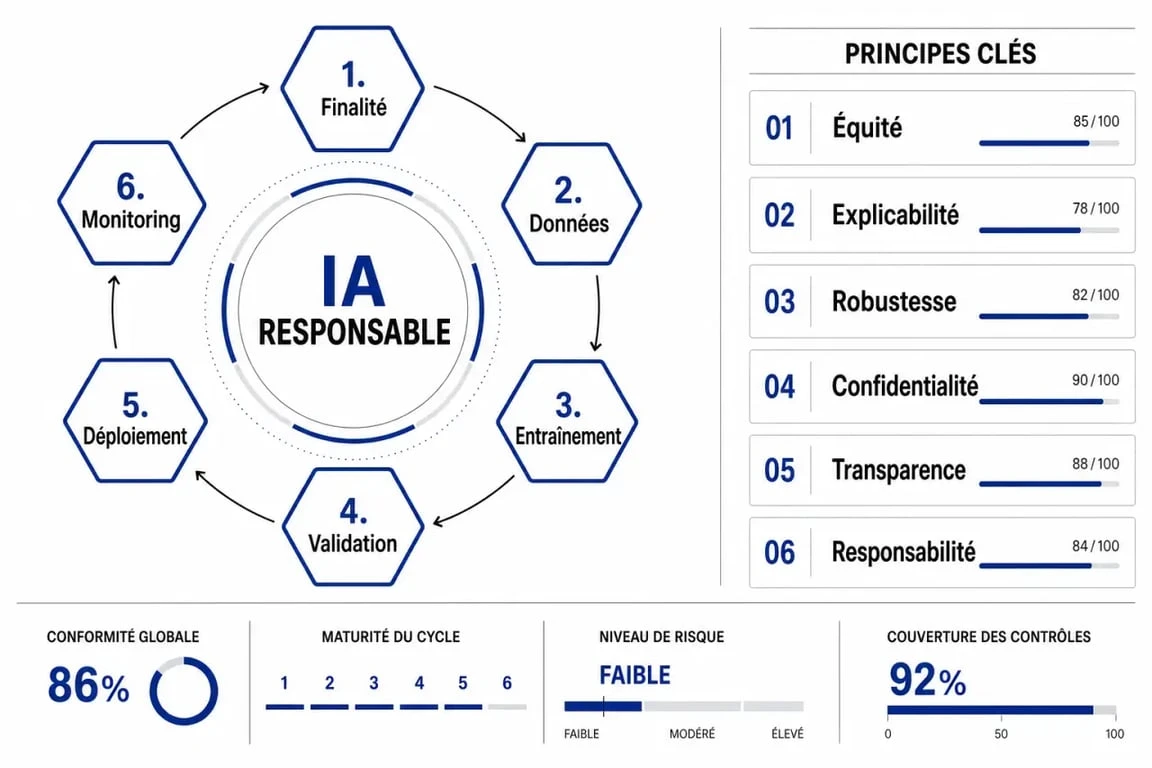 Intelligence artificielle responsable : schéma éditorial du cycle de gouvernance et des principes clés