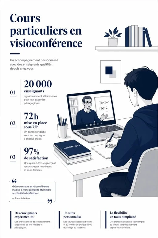 Acadomia cours en ligne : élève en visio avec professeur et repères chiffrés sur l’accompagnement