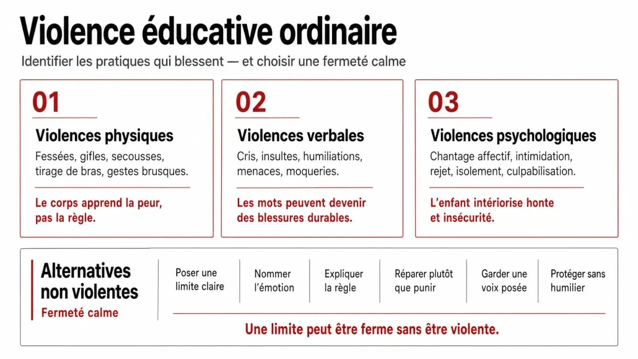Infographie sur la violence éducative ordinaire : formes physiques, verbales et psychologiques, conséquences et alternatives