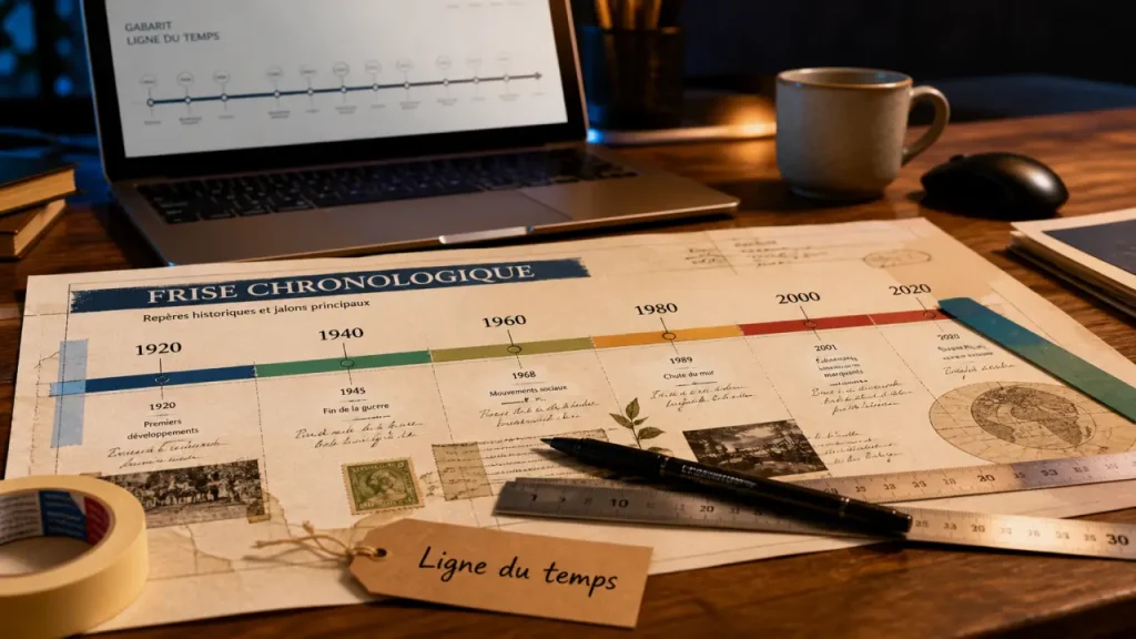 Faire frise chronologique : bureau avec outils et ligne du temps