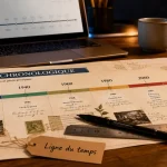 Faire frise chronologique : bureau avec outils et ligne du temps