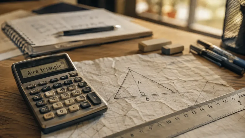 Calculatrice aire triangle : base hauteur ou trois côtés