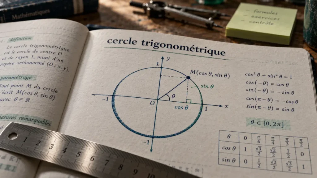 cerclec trigononométrique : cercle unité, coordonnées et projections cosinus/sinus