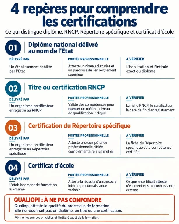 Culture et Formation diplôme reconnu ou pas : différence entre diplôme d'État, RNCP, Répertoire spécifique, certificat d'école et Qualiopi