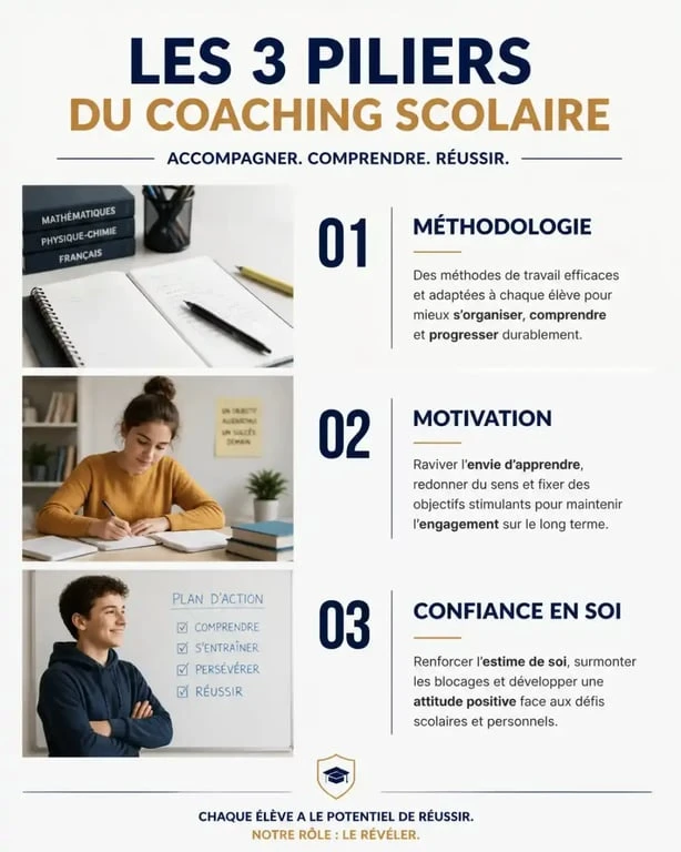 Infographie sur les trois piliers du coaching scolaire : méthodologie, motivation et confiance en soi
