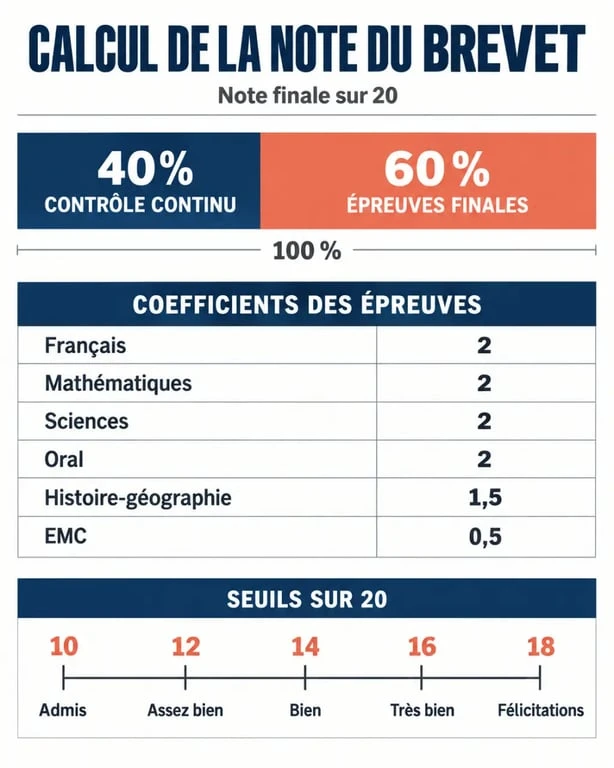 Infographie pour calculer le point du brevet avec pondération des épreuves et seuils des mentions