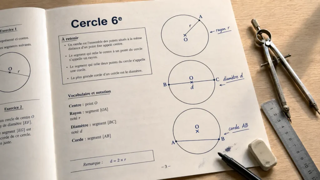 Exercices corrigés sur le cercle 6ème pdf : vocabulaire compas et construction
