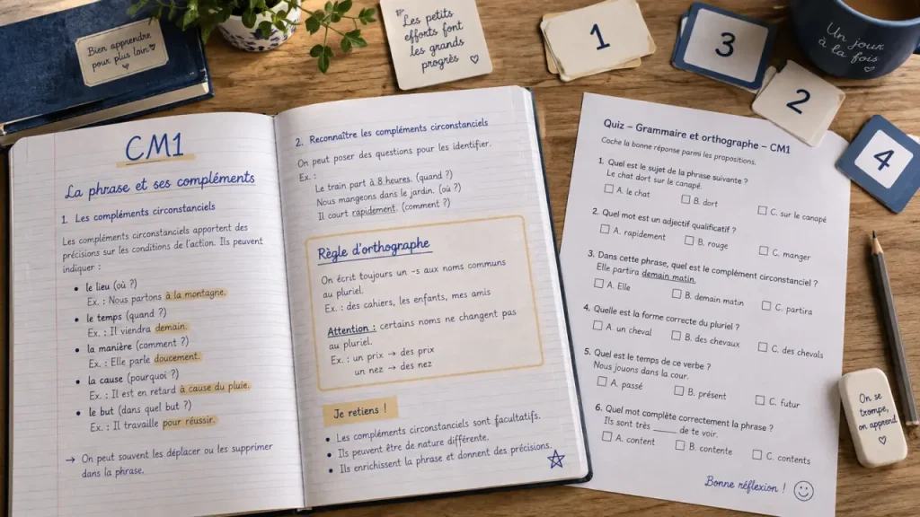 Jeux éducatifs CM1 : quiz et règles d’orthographe sur table