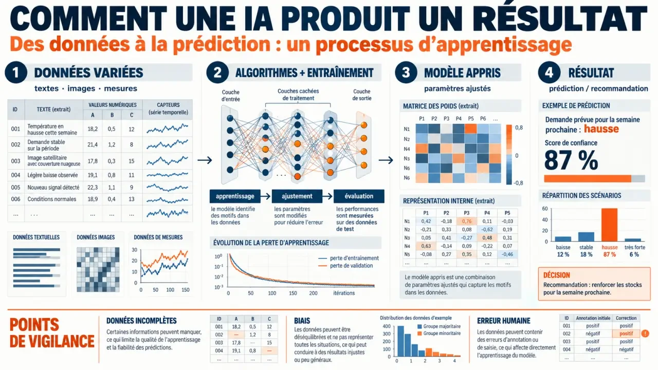 Schéma pédagogique sur l’intelligence artificielle, des données au résultat
