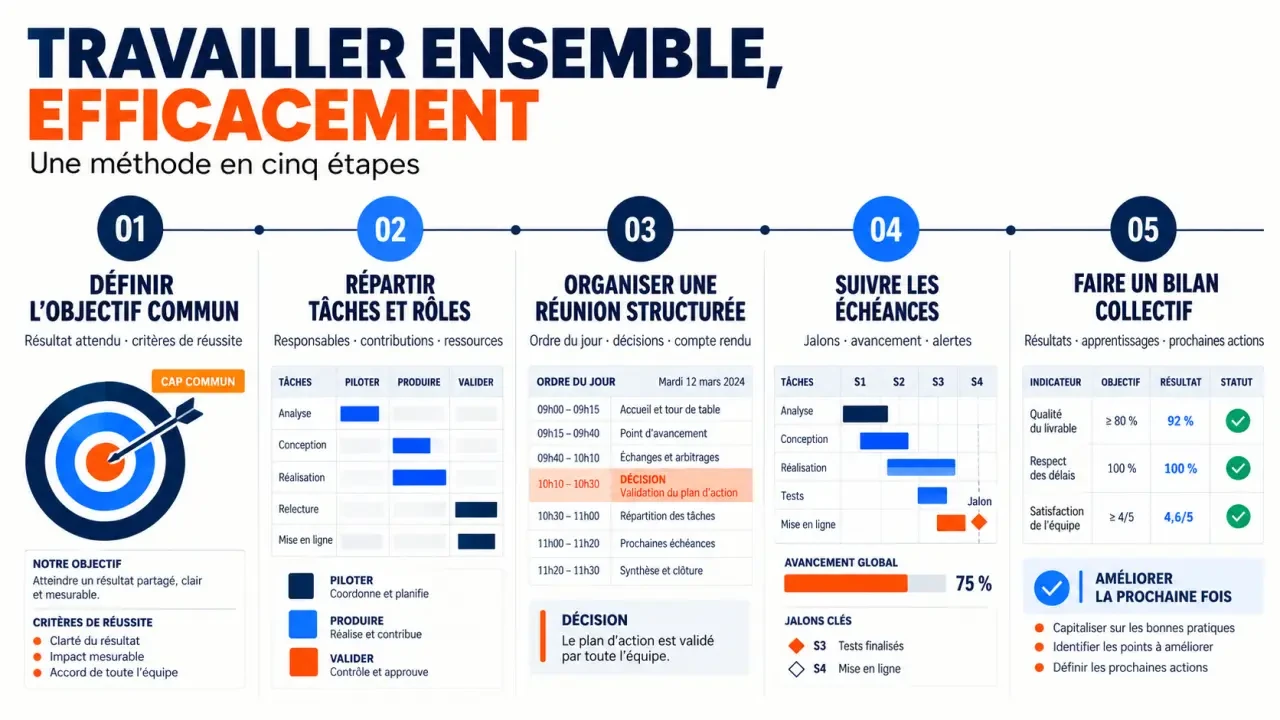Étapes clés pour travailler en groupe efficacement, de l’objectif commun au bilan collectif