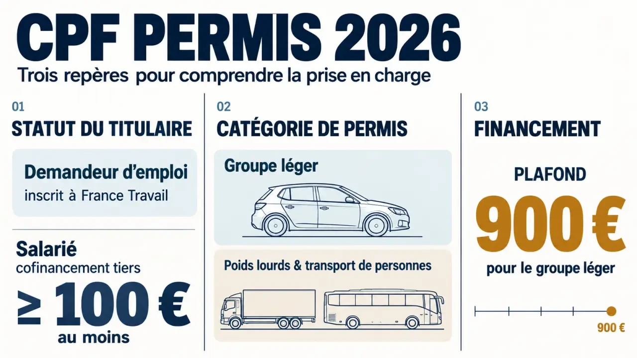 Infographie CPF permis 2026 sur les statuts, catégories de permis et plafonds de financement