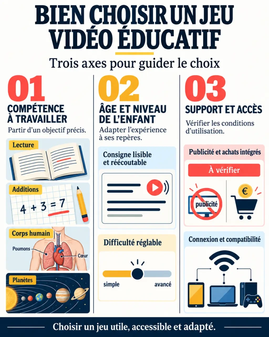 Infographie sur le choix des jeux vidéo éducatifs selon la compétence, l'âge et le support