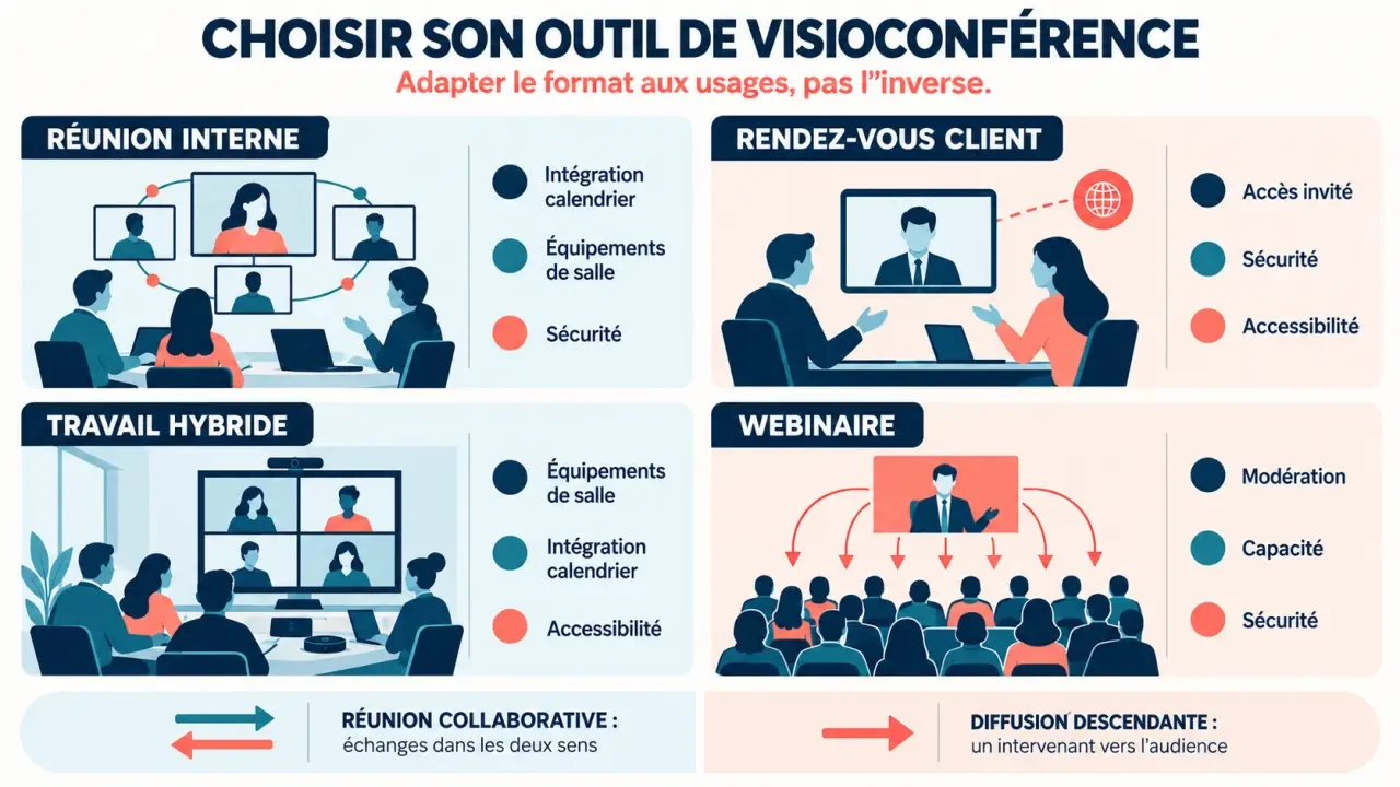 Infographie pour choisir un outil visioconférence selon les usages et les critères de sécurité, accessibilité et capacité