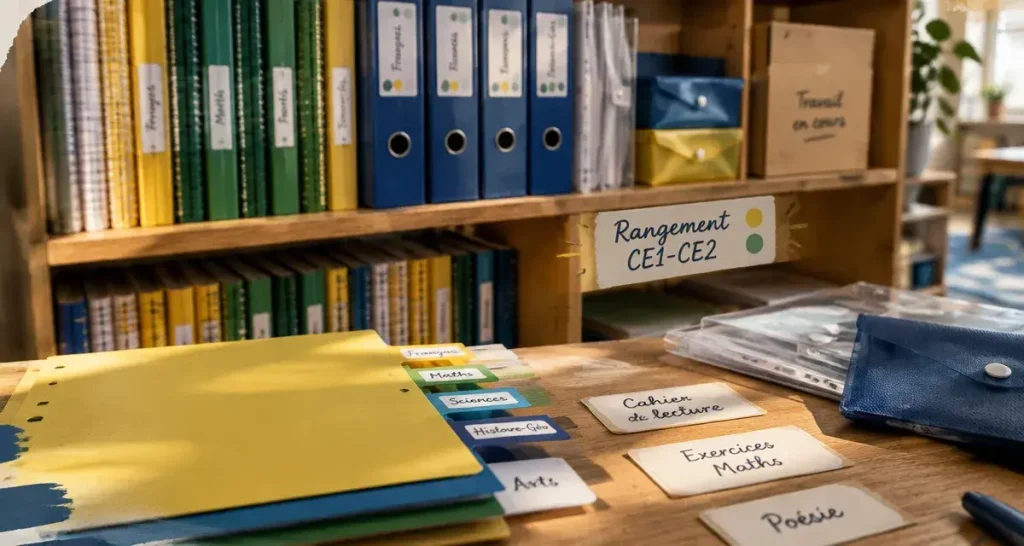 CE1-CE2 : 6 intercalaires, 2 cahiers du jour et un matériel qui évite le chaos du double niveau